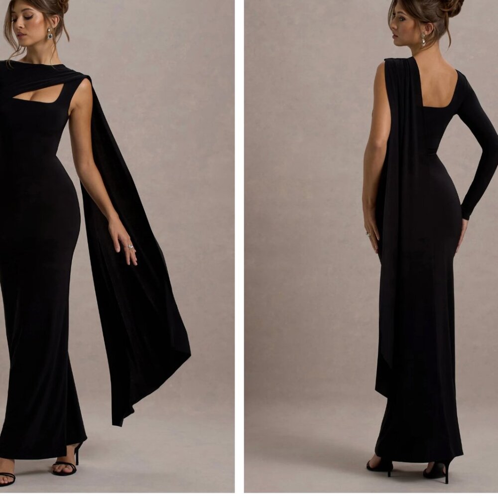 Club L London Black One-Shoulder Maxi Dress with Draped Cape